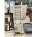 A METAL TWO SECTION TWELVE RUNG LADDER, POTS AND WOODEN BOXES ETC