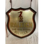 A VINTAGE GLASS AND MIRRORED "RALEIGH, THE ALL STEEL BICYCLE" DOUBLE SIDED ADVERTISING SIGN IN RED