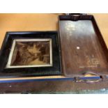 A FRAMED CRYSTOLEUM OF A MONK PAINTING A SLEEPING CARDINAL AND A WOODEN INLAID TRAY (HANDLES A/F)