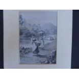 A MONOCHROME PICTURE OF GIRLS WITH WASHING BASKETS NEAR A RIVER - INITIALS A H M - 25 CM X 18 CM