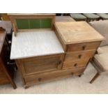 AN OAK WASH STAND WITH MARBLE TOP, TILED BACK, ONE DOOR AND FOUR DRAWERS (REQUIRES REPAIR TO TOWEL