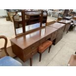 A MAHOGANY DRESSING TABLE WITH THREE SECTION MIRROR NA D DRESSING STOOL AND A MATCHING CHEST OF