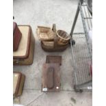 VARIOUS WICKER BASKETS AND A SHOE CLEANING BOX ETC