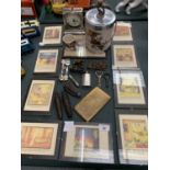 VARIOUS ITEMS TO INCLUDE EIGHT FRAMED COMEDY POSTCARDS, AN ICE BUCKET, PENKNIFE, HIP PLASK,