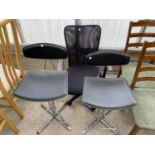 TWO BLACK KITCHEN CHAIRS ON CHROME SUPPORTS AND A BLACK DESK CHAIR