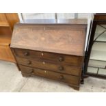 A GEORGIAN INLAID MAHOGANY BUREAU ON BRACKET FEET WITH FALL FRONT AND THREE DRAWERS WITH ONE