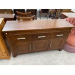 A MODERN MAHOGANY SIDEBOARD WITH THREE DOORS AND THREE DRAWERS