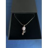 MODERN 3 PINK STONE FANCY PENDANT PROBABLY PINK QUARTZ TOGETHER WITH A SNAKE CHAIN MARKED 925 SILVER