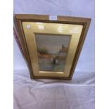 A GILT FRAMED WATERCOLOUR OF HOUSES, SIGNED LOWER RIGHT CORNER GEOFF HUGHES