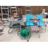 VARIOUS GARDEN ITEMS TO INCLUDE THREE DECK CHAIRS, A WHEELBARROW, HOSEPIPE ETC