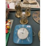 FOUR VARIOUS CLOCKS TO INCLUDE THREE TABLE CLOCKS AND A RETRO WALL CLOCK