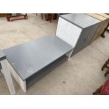 A GREY AND WHITE COFFEE TABLE, A CABINET WITH TWO DOORS AND TWO TEAK EFFECT BEDSIDE CHESTS OF