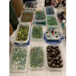 A LARGE COLLECTION OF MARBLES ALL SORTED INTO COLOURS