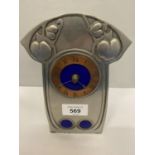 ART NOUVEAU STYLE PEWTER MANTLE CLOCK WITH BLUE CERAMIC DETAIL, BATTERY DRIVEN