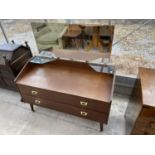 A RETRO REMPLOY TEAK DRESSING TABLE WITH TWO DRAWERS AND UNFRAMED MIRROR
