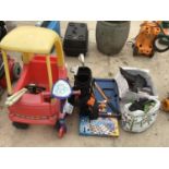 A QUANTITY OF CHILDRENS TOYS TO INCLUDE SCALECTRIX, TOY CAR, SMALL POOL TABLE ETC
