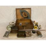A WOODEN BOX (LID A/F) AND CONTENETS TO INCLUDE A LARGE BRASS KEY, AA BADGE, FAN, CLOCK FACES,