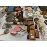 VARIOUS ITEMS TO INCLUDE DRESSING TABLE ITEMS, CROCHET MATS, TRINKET BOXES AND ORNATE MIRRORS ETC