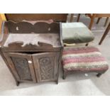 A SMALL CARVED OAK SMOKER'S CABINET AND THREE FOOTSTOOLS