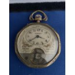 UNUSUAL FRENCH 'AMIDA' BRASS OCTAGONAL OPEN FACED POCKET WATCH 'FACON & 8 JOURS' STATED ON DIAL, TOP