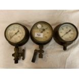 THREE EARLY 20TH CENTURY BRASS PRESSURE GAUGES