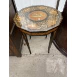 AN INLAID MAHOGANY SEWING TABLE WITH HINGED TOP