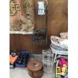 A VINTAGE METAL HAT BOX, TWO CORNER METAL STANDS, A METAL PAINTED JUG AND AN ELEPHANT GARDEN