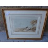 A WATERCOLOUR OF A LANDSCAPE SCENE - IN THE MANNER OF DAVID COX - 14 CM X 22 CM