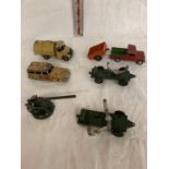 A COLLECTION OF SEVEN DINKY AND CORGI TOYS TO INCLUDE WAGONS AND CANNON