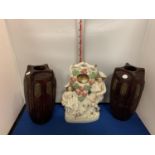 A PAIR OF BRETBY VASES AND A STAFFORDSHIRE CERAMIC FIGURE OF A LADY AND GENT WITH SPANIEL POCKET