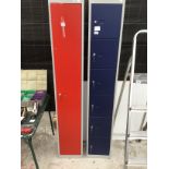 TWO LOCKER CABINETS ONE BLUE SIX CUPBOARD WITH KEYS AND A RED SINGLE DOOR WITH KEY