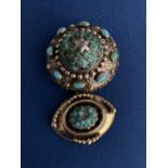 VICTORIAN 15CT MARKED TURQUOISE & DIAMOND SET CIRCULAR DOMED MOURNING BROOCH TOGETHER WITH A