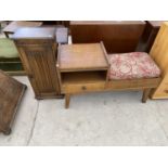 A SMALL PRIORY STYLE OAK CUPBOARD AND AN OAK TELEPHONE SEAT