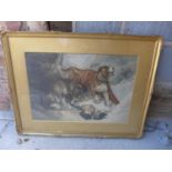 A GILT FRAMED PRINT DOGS OF ST BERNARD BY GEORGE BAXTER - 40 CM X 29 CM