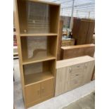 A MODERN TEAK EFFECT BOOKCASE ABD SIDEBOARD WITH TWO DOORS AND THREE DRAWERS