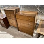 A TALL TEAK CHEST OF SIX DRAWERS AND A TEAK VENEERED CHEST OF FIVE DRAWERS