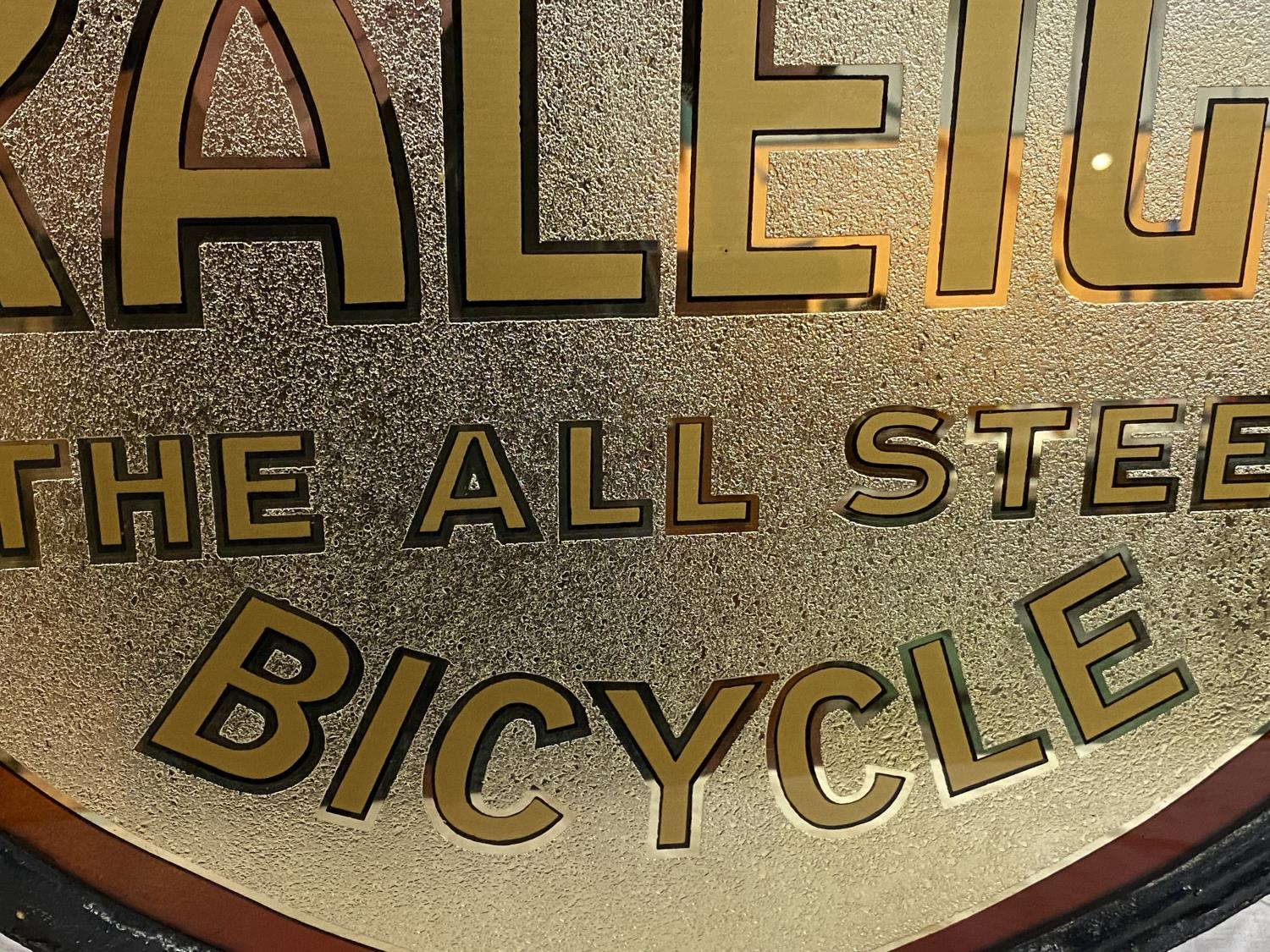 A VINTAGE GLASS AND MIRRORED "RALEIGH, THE ALL STEEL BICYCLE" DOUBLE SIDED ADVERTISING SIGN IN RED - Image 5 of 5