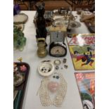 VARIOUS ITEMS TO INCLUDE A TALL BLACK CAT, A BRASS WEIGHT, CLOXKS, JEWELLERY ETC