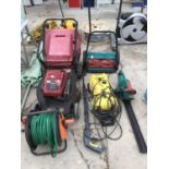A QUANTITY OF GARDEN TOOLS TO INCLUDE A MOUNTFIELD MOWER, HOSE PIPE, KARCHER PRESSURE WASHER,