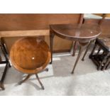 A YEW WOOD OCCASIONAL TABLE AND A MAHOGANY DEMI LUNE HALL TABLE