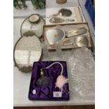 VARIOUS DRESSING TABLE ITEMS TO INCLUDE BRUSH AND MIRROR SETS, CUT GLASS PERFUME BOTTLE, MIRRORS,