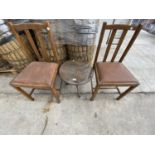 AN OAK WINE TABLE AND TWO MAHOGANY DINING CHAIRS