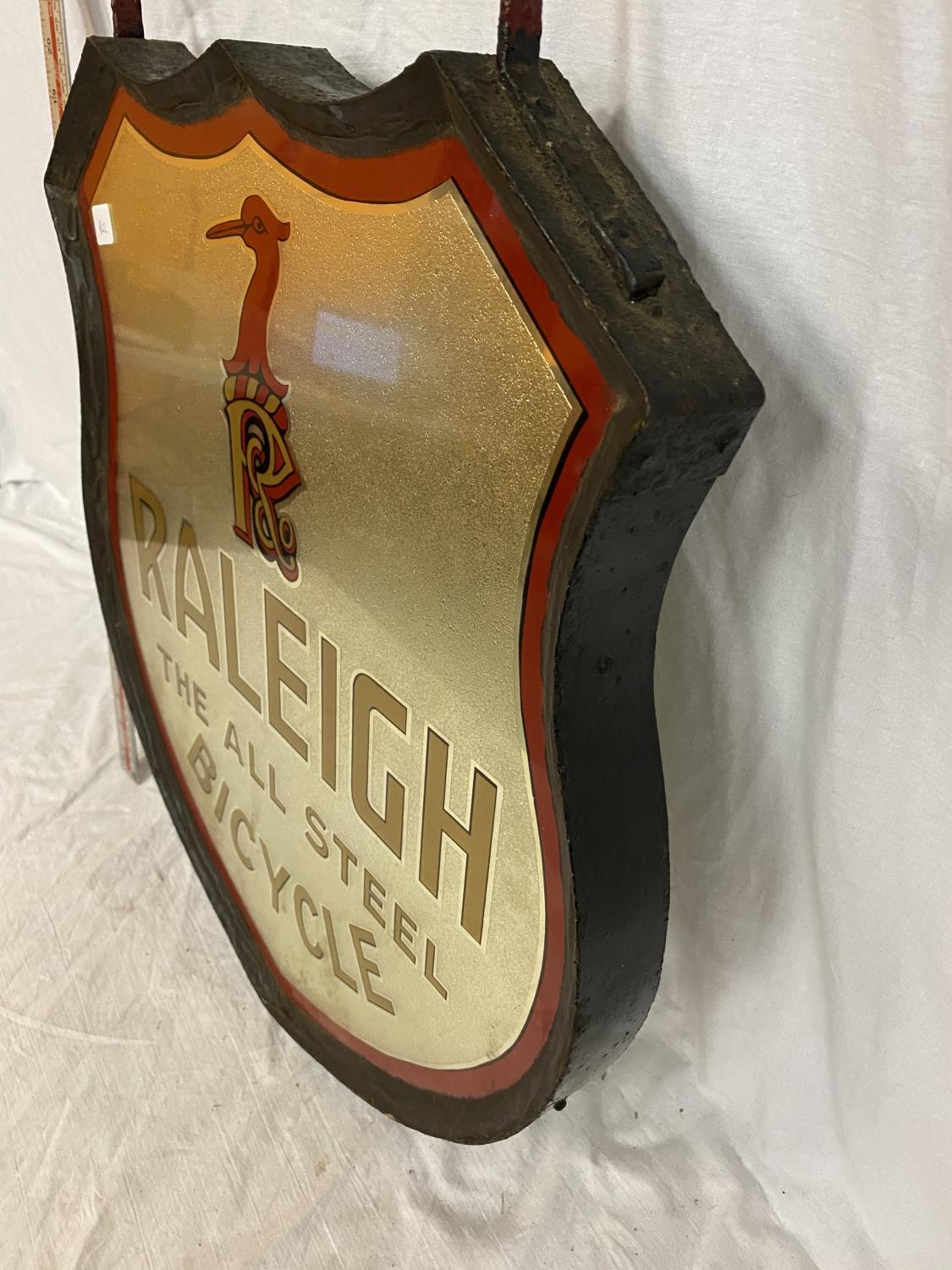 A VINTAGE GLASS AND MIRRORED "RALEIGH, THE ALL STEEL BICYCLE" DOUBLE SIDED ADVERTISING SIGN IN RED - Image 2 of 5