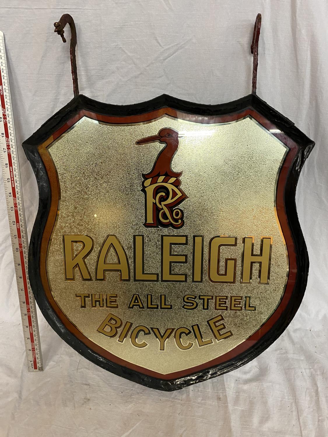 A VINTAGE GLASS AND MIRRORED "RALEIGH, THE ALL STEEL BICYCLE" DOUBLE SIDED ADVERTISING SIGN IN RED - Image 3 of 5