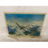 A SPITFIRE PRINT BY ROBERT TAYLOR WITH PRINTED SIGNATURES OF DOUGLAS BADER AND JOHNNIE JOHNSON