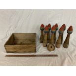 A VINTAGE SET OF EIGHT SKITTLES, BOWL AND WOODEN STORAGE BOX
