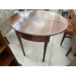 A MAHOGANY DROP LEAF SIDE TABLE ON TAPERED SUPPORTS WITH SINGLE DRAWER