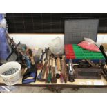 A TAPLE TOP OF TOOLS TO INCLUDE SAWS, CHISELS, VINTAGE LETTER BOX, NAILS ETC
