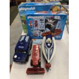 A SPEED BOAT, A COMBINE HARVESTER, A POLICE VAN AND TWO PLAYMOBIL KITS OF A PIRATE SHIP AND