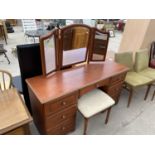 A MAHOGANY DRESSING TABLE WITH THREE SECTION MIRROR AND DRESSING STOOL